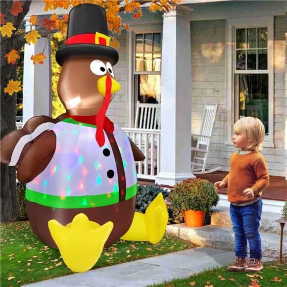 [ Colorful Rotating Lights ] 6 Ft Tall Thanksgiving Inflatable Turkey - Picture 5 of 7